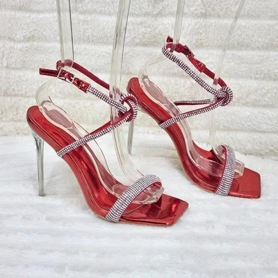 Lexton Red Metallic Knotted Strap Rhinestone Stiletto High Heels Sandal NEW - Image 1 of 4