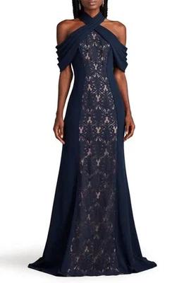 Tadashi Shoji Blue Nude Kato Embroidered Off-Shoulder Halter Gown Size 2 $578 - Image 1 of 4