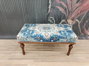 Blue Pattern Turkish Rug Pattern Printed Rug Upholstered Ottoman Bench Wood Work - Picture 1 of 9