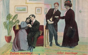 COMIC ROMANCE POSTCARD BEFORE AND AFTER MARRIAGE 1911 090524 T - Picture 1 of 2