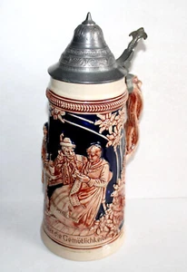 JOLIE ANCIENNE GRAND CHOPE BIERE ALLEMAND GRES EMAILLÉ, FEMME & HOMME H:28cm, 1L - Picture 1 of 8