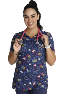 Sweet Tooth Cherokee Scrubs Dental Print V Neck Top CK678 SOOH - Picture 1 of 5