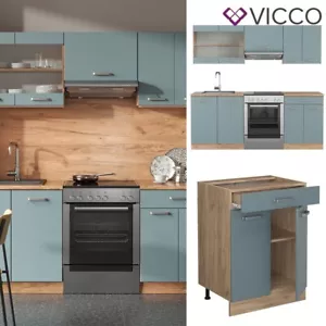 Küchenzeile R-Line Solid Eiche Blau Grau 200 cm modern Küchenschränke Vicco - Bild 1 von 7