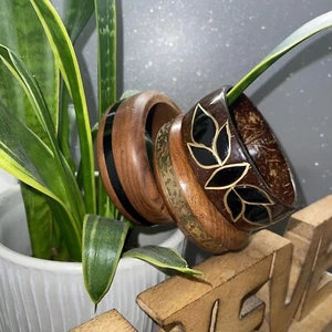 Vtg 70’s Natural Coconut Shell Wooden Chunky Boho Bangle Brass Statement Hippie - Picture 1 of 18