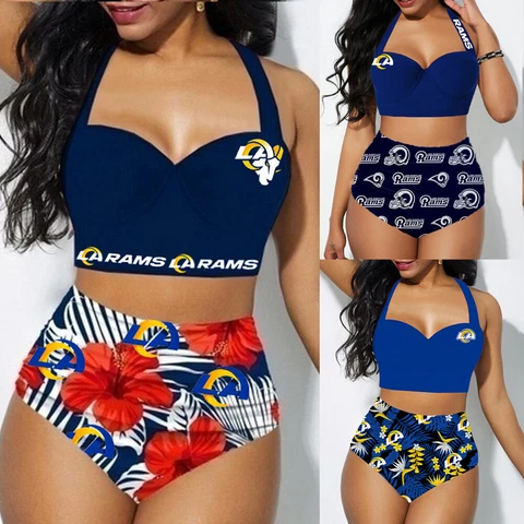 Los Angeles Rams 2PCS Women's Floral Bikini Butt Lift Swimsuit Bathing Suit Cover