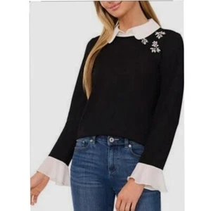 CeCe Women's Embellished Collared Layered-Look Top in Rich Black - Picture 1 of 6