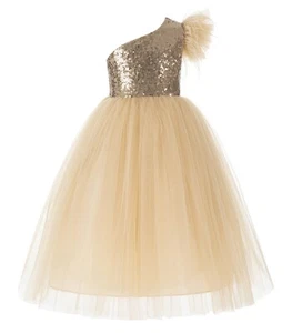 Wedding One Shoulder Flower Girl Dress Feather Dress Sequin Flower Girl Dresses - Picture 1 of 9