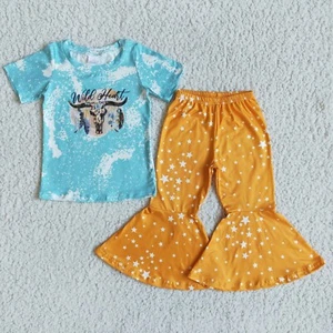 Boutique Toddler Girls Clothes Set Wild Heart Blue Top Yellow Bell Bottom Pants - Picture 1 of 16