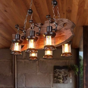Vintage Fish Shape Glass Pendant Lamp Wooden Hanging Lighting Ceiling Chandelier - Picture 1 of 20