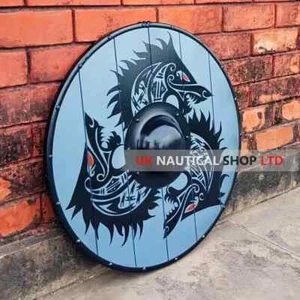 Round Dragon Designer Shield Fenrir Wolf Battleworn Viking Wooden Shield Metal - Picture 1 of 4