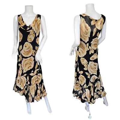 Vestido sin Mangas Lola P Años 90 Negro Amarillo Estampado Floral Corte Sesgado Rayón Talla I Grande Foto 1 de 4