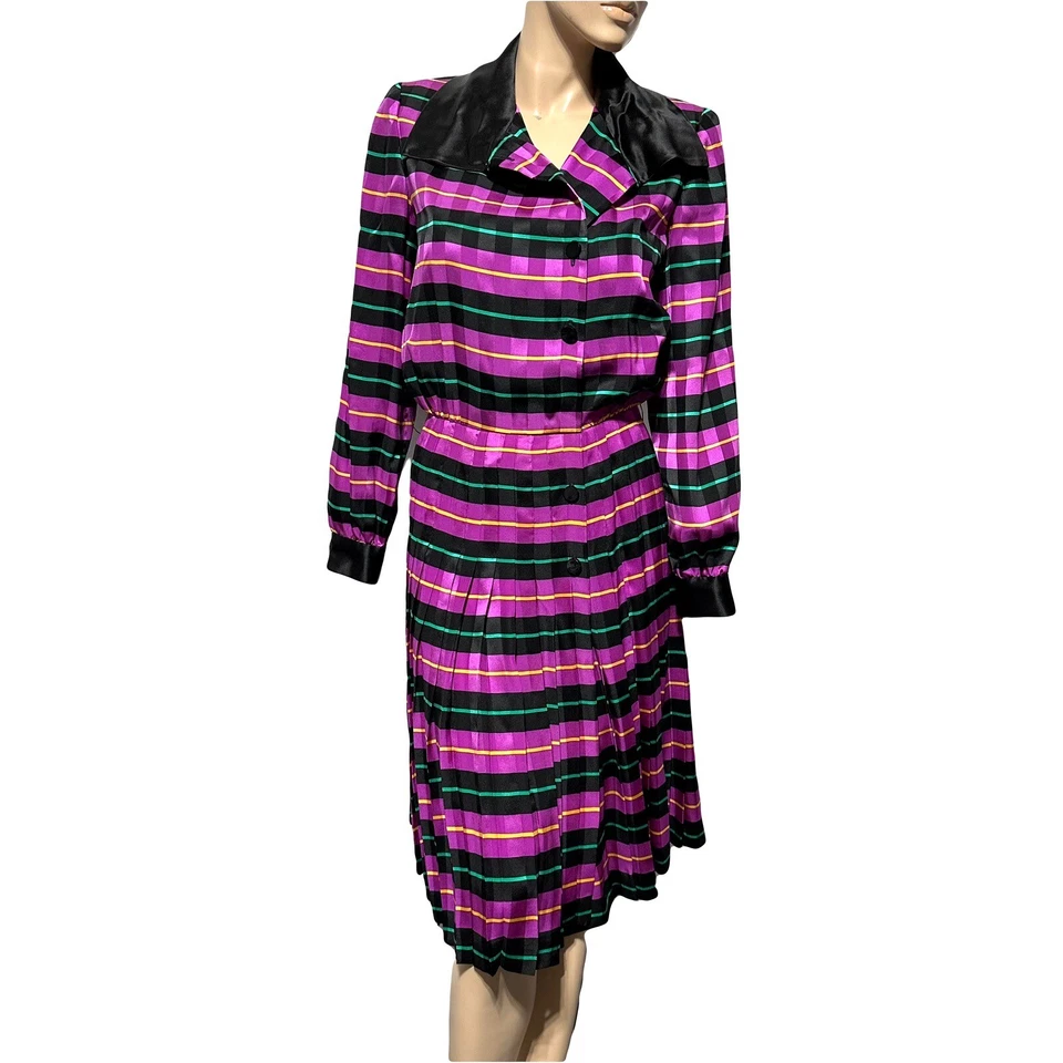 Vestido Camisa Vintage Oscar de la Renta 100% Seda Rayas Botón Plisado Talla 6 Foto 1 de 4