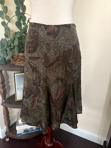 Lauren Ralph Lauren Olive Green Paisley 100% Silk Skirt Flounce Hem Sz 6P - Picture 1 of 8