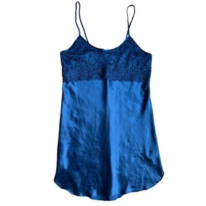 Intimate Affair Lace Trim Satin Mini Slip Dress Lingerie Vtg Blue Medium - Picture 1 of 11