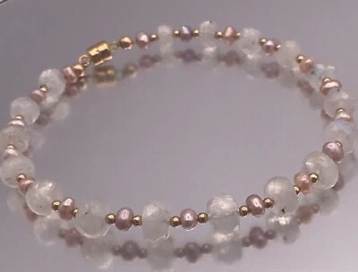 Rainbow moonstone & pearl 9ct gold filled gemstone bracelet 19cm magnetic clasp - Image 1 of 4