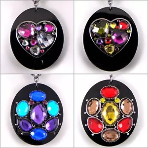 Big Colourful Retro Rainbow Beatnik Mod Eames Ossie Heart Oval Black Gem Pendant - Picture 1 of 28
