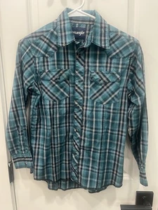 wrangler plaid button up Snap Kids Shirt Size Large Used Multi Color - Picture 1 of 14