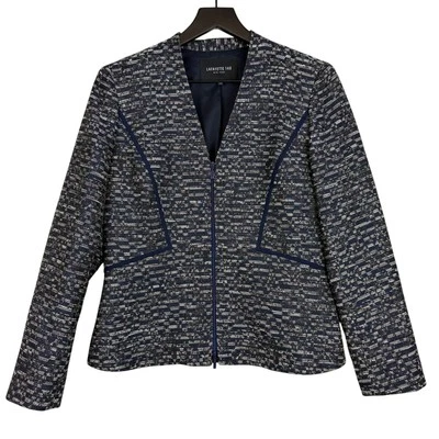 Lafayette 148 Woven Navy Blue Beige Zip Dressy Jacket Cotton Blend - Size 6 - Image 1 of 4