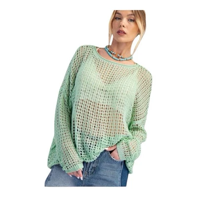 Suéter tejido abierto caballete verde manga media larga para mujer Foto 1 de 4