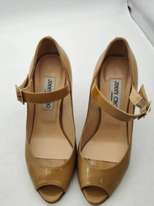 Jimmy Choo-Tan-Patent Leather Open Toe-Strap Pumps-Heels-Shoes-EU Size 37/US 7 - Picture 1 of 19