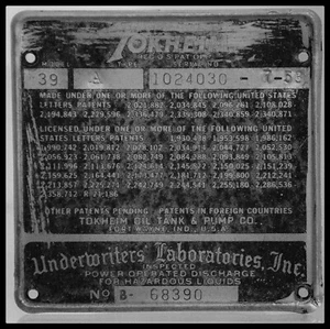 ORIGINAL TOKHEIM MODEL 39 TYPE A SERIAL NO 1024030 - 7-53 Gas Pump Plate | Used - Picture 1 of 2