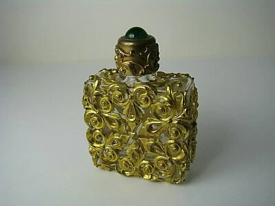 CHINESE EXPORT ORMOLU BRASS GLASS PERFUME BOTTLE SCENT FLASK GREEN QUARTZ c1900s - Image 1 of 4