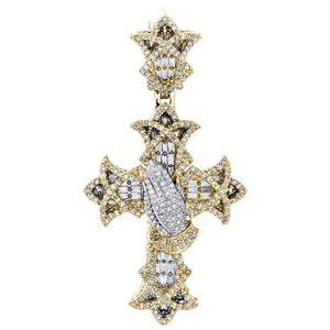 10K Yellow Gold Round & Baguette Diamond Praying Hand Cross Pendant Charm 1.2 CT - Picture 1 of 6