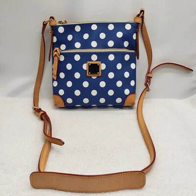 Dooney Bourke Blue White Polka Dot & Leather Crossbody Letter Carrier Bag - Image 1 of 4