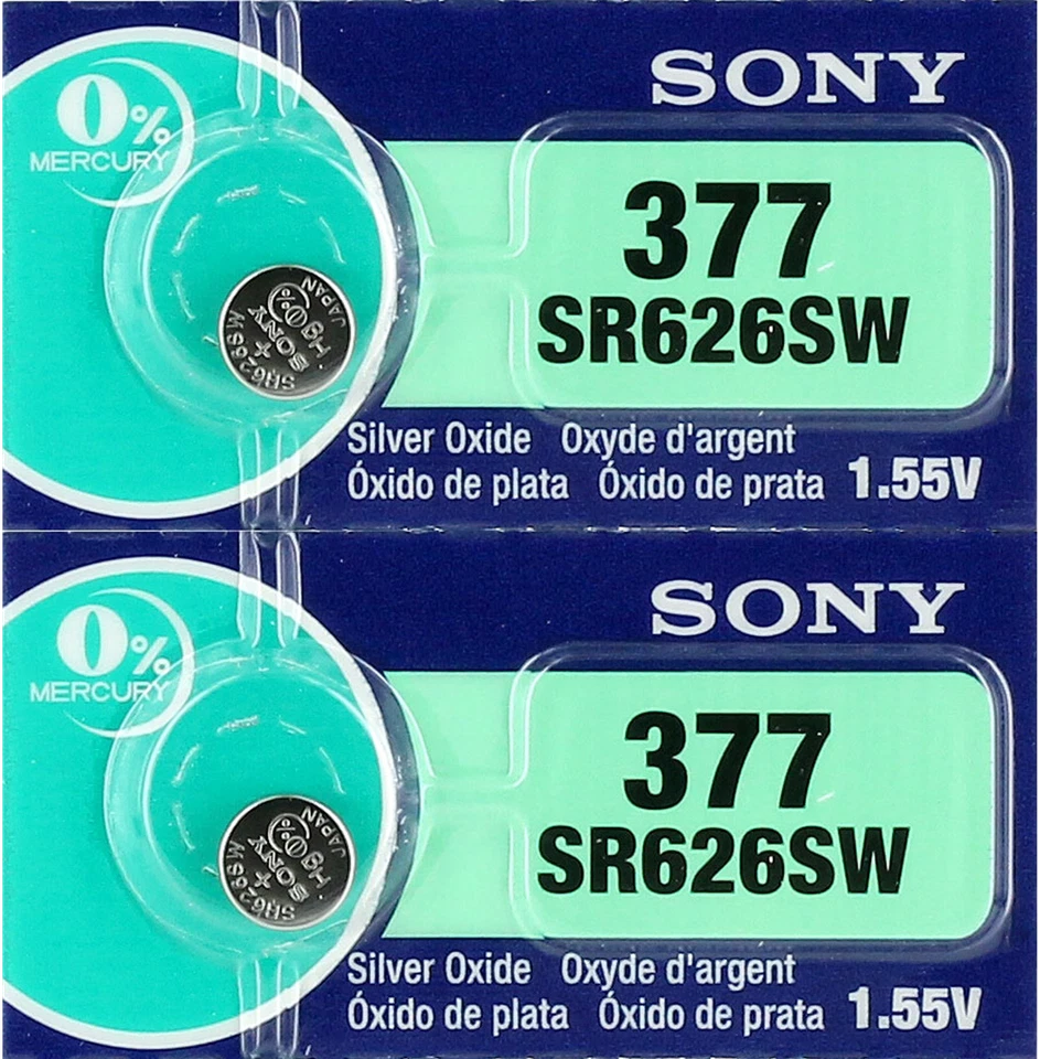 2 pcs SONY 377, SR626SW, AG4, SR66, 1.55V Silver Oxide Cell Battery. Exp. 2028 - Image 1 of 1