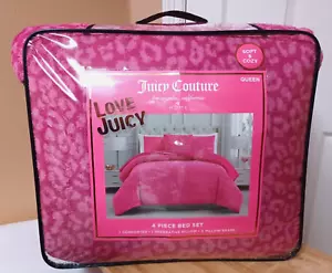 Juicy Couture Plush Hot Pink Leopard Print 4pc QUEEN Comforter Set Soft & Cozy - Picture 1 of 5