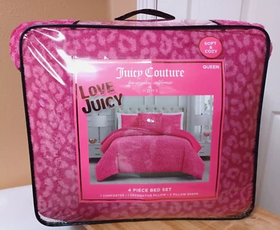 Juego de edredón Juicy Couture de felpa rosa con estampado de leopardo 4 piezas REINA suave y acogedor Foto 1 de 4
