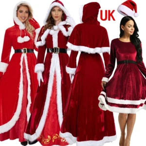 UK Womens Christmas Mrs Santa Claus Velvet Hooded Cloak Robe Dress Costume Party - Picture 1 of 46