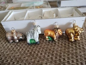 Vintage 4 Hand Blown Polish Glass Christmas Ornaments Hippo, Zebra, Lion, Parrot - Picture 1 of 6