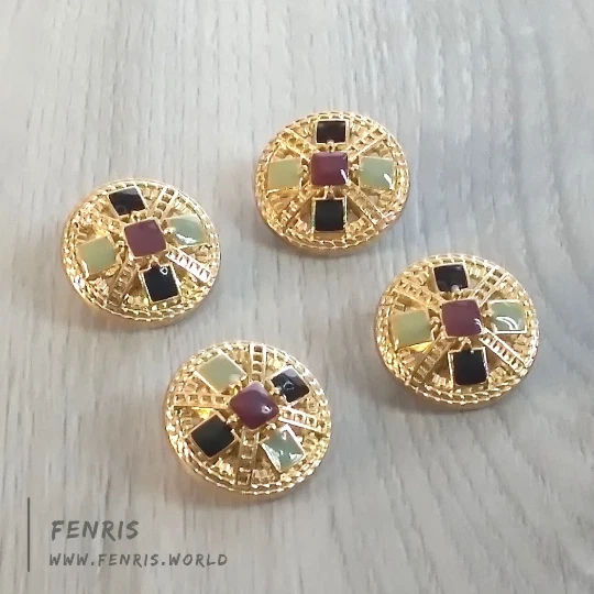 Designer Jacket Enamel Buttons Metal Gold Red Green Coat Tweed Style Set of 5 - Image 1 of 1