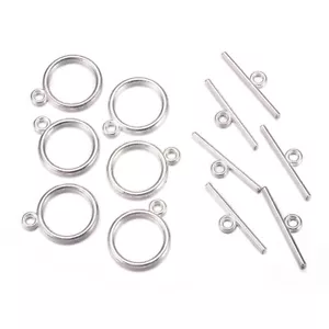20Sets Flat Round Tibetan Alloy Silver Toggle Clasps Nickel Free 15x2mm Bar 21mm - Picture 1 of 3
