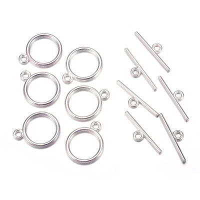 20Sets Flat Round Tibetan Alloy Silver Toggle Clasps Nickel Free 15x2mm Bar 21mm - Image 1 of 3