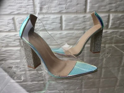 Clear Rhinestone Diamond Chunky High Heel  Pointed Toe Pump Cape Robbin Shoes  - Image 1 of 4