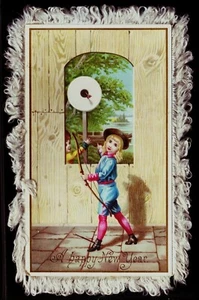 Vintage NEW YEAR/CHRISTMAS - Fringed 2-Sided Greeting Card - ca. early 1900s - Picture 1 of 2