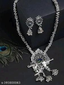 Radha Krishan Silver Oxidized Long Necklace Indian Bollywood Stylish Jewelry - Picture 1 of 4