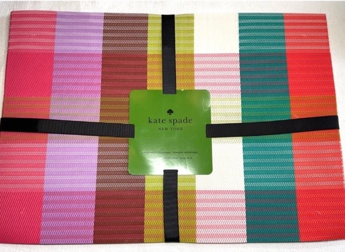 Set of 6 KATE SPADE Pop of Color Plaid Easy Care Vinyl Placemats 13" x 19" NEW  - Image 1 of 1