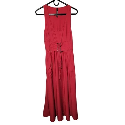 Vestido midi Tracy Reese rojo con cordones cintura corsé para mujer vacaciones viaje playa Foto 1 de 4