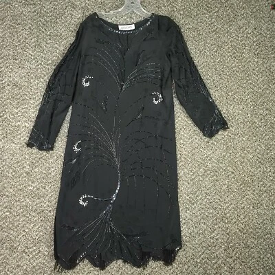 Vtg ARGENTI Womens 6 Black Silk Beaded Sequin Pearls Mid Length Cocktail Dress Foto 1 de 4