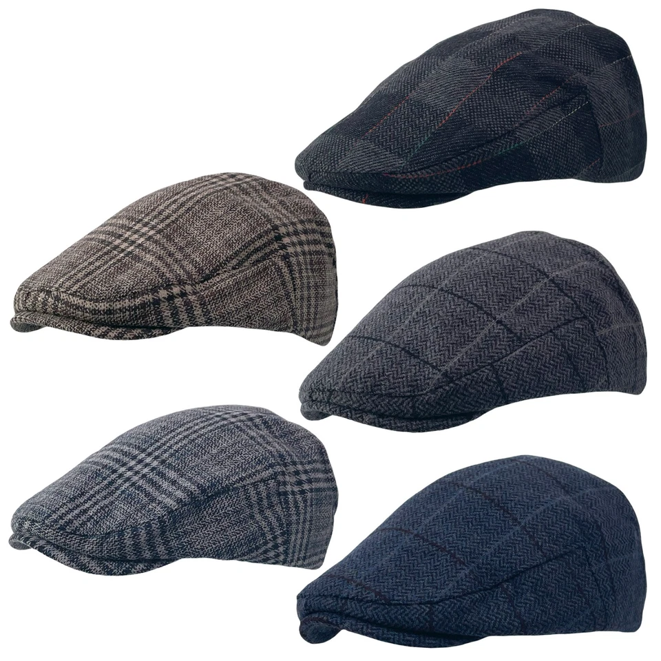 Tweed Check Herringbone Golf Cabbie Newsboy Baker Boy Golf Flat Cap Hat
