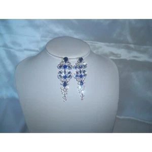 blue rhinestone long dangle drop wedding bridal MOB prom party evening earrings - Picture 1 of 5