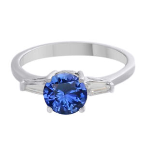 Round Cut Sapphire Birthstone and Simulated Three Stone Ring 14k  Gold Plated