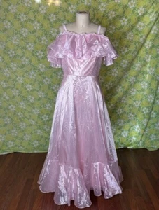 Vintage 70s Jc Penny Off Shoulder Maxi Prom Dress Size S 11/12 Union Made Pink - Picture 1 of 13