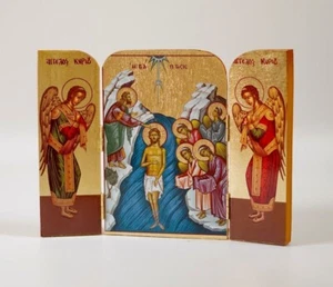 Tríptico Cristianismo Ortodoxo Icono de Madera con Bautismo de Jesucristo. - Imagen 1 de 3