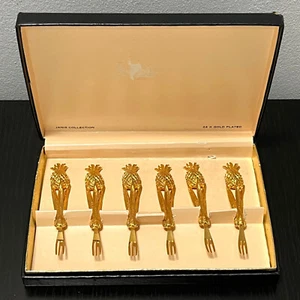 Vintage 24K Gold Plated Oyster Appetizer Fork Janis Collection Pineapple Set 6 - Picture 1 of 10