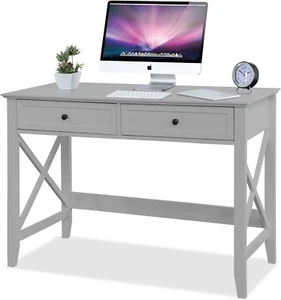 Computer Desk with 2 Drawers, Elegant Home Office Writing Study Desk with Storag - Picture 1 of 8