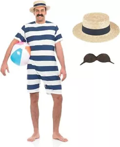 Blaues Blaues Ringel Badeanzug Kostüm für Herren Retro Karneval Faschingskostüm - Bild 1 von 5